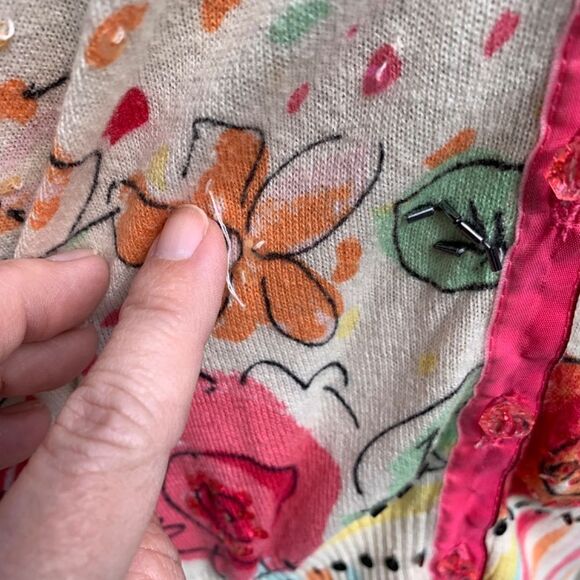 I. E. Woman Sz 1X Cream Button Up Sweater Whimsical Floral Postcard Design (C74) - Picture 9 of 15